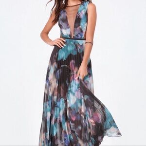 Bebe Pleated Black Water Color Maxi Dress